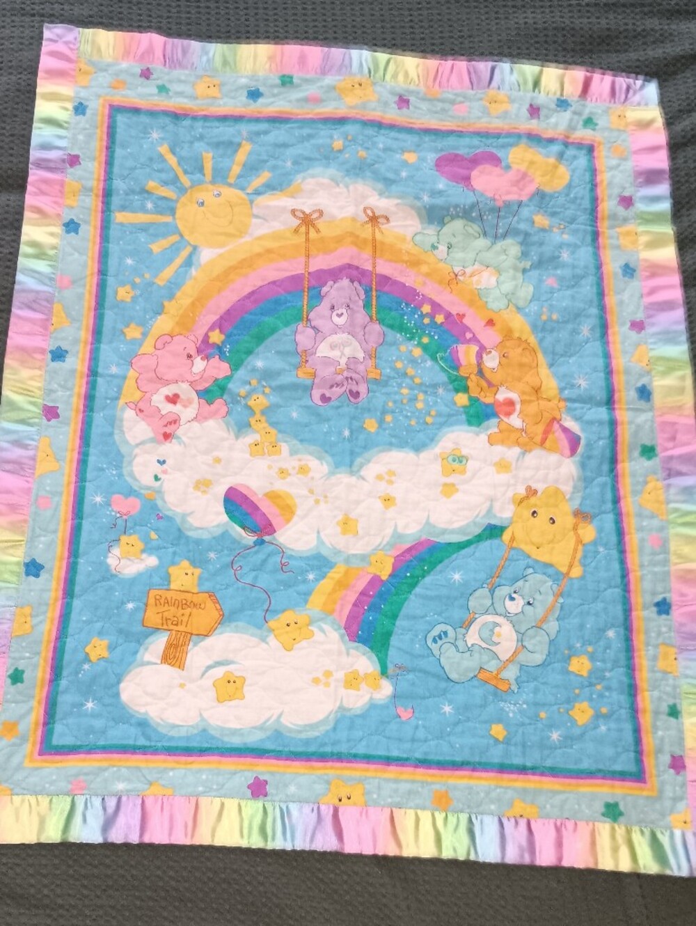 Handmade Care Bears Rainbow Clouds Baby Quilt - Multicolor